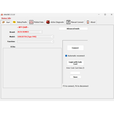 ProDiagTools AlfaOBD diagnostic software interface showing Alfa Romeo Giulietta type 940 selection