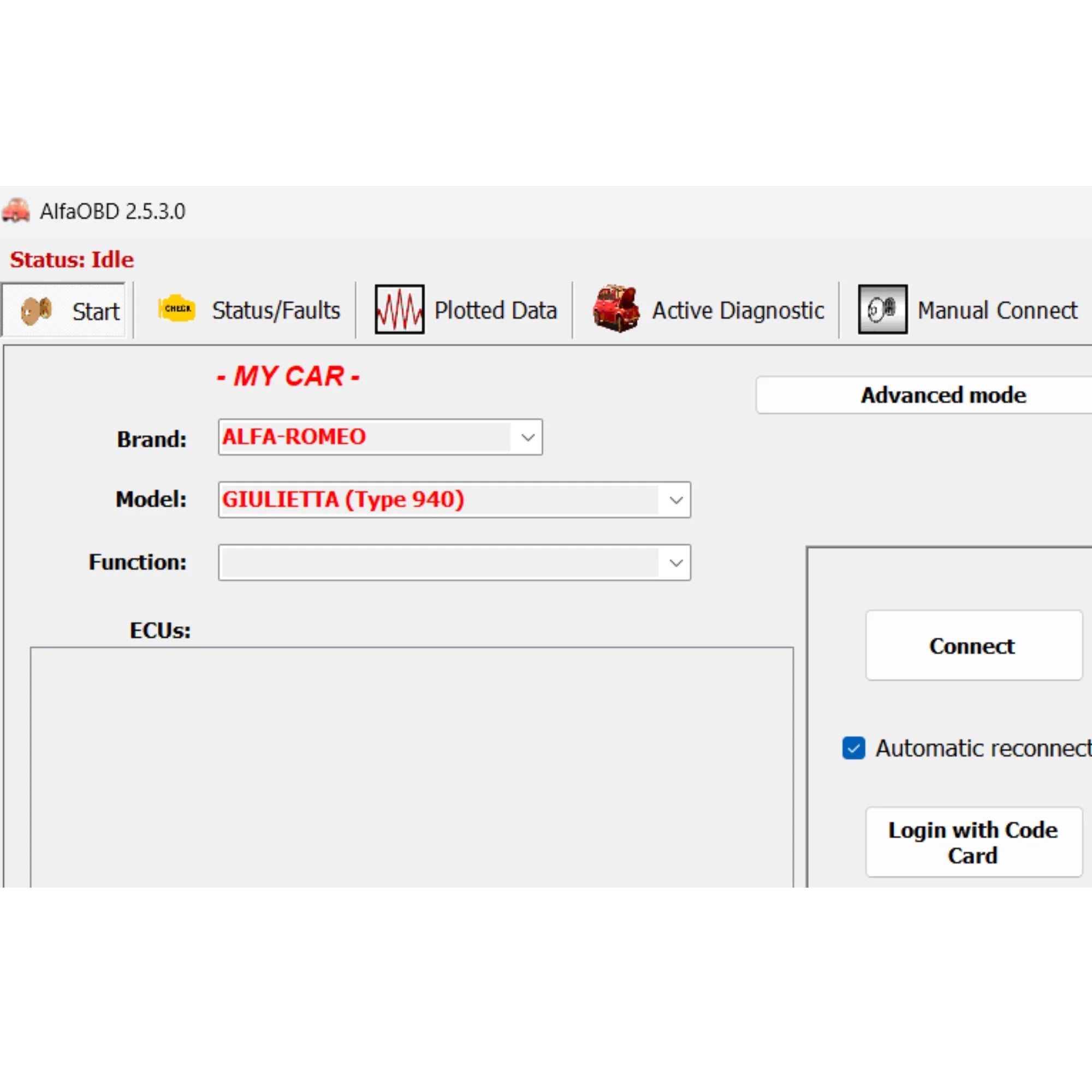 AlfaOBD diagnostic software interface showing Alfa Romeo Giulietta model selection and diagnostic options