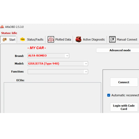AlfaOBD diagnostic software interface showing Alfa Romeo Giulietta model selection and diagnostic options