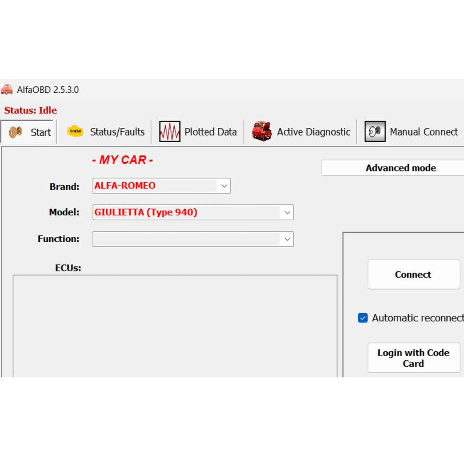 AlfaOBD diagnostic software interface showing Alfa Romeo Giulietta model selection and diagnostic options