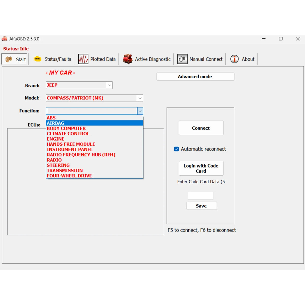 ProDiagTools AlfaOBD diagnostic software interface showing vehicle brand and system options for Jeep Compass Patriot