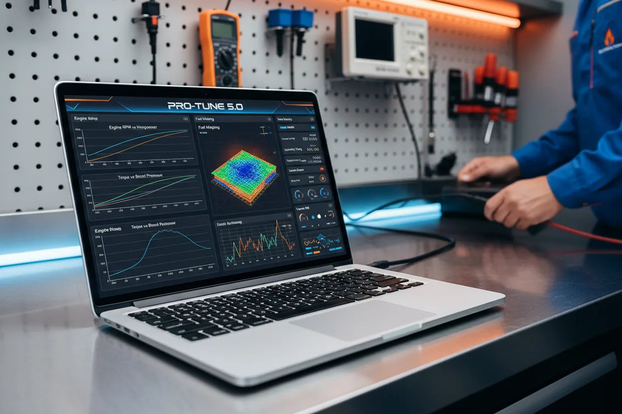 Laptop displaying automotive diagnostic and tuning software interface on a workshop bench with tools in the background.