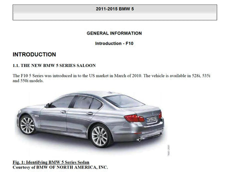 BMW 5 Series F10 2011-2015 general information introduction page with sedan image from service manual