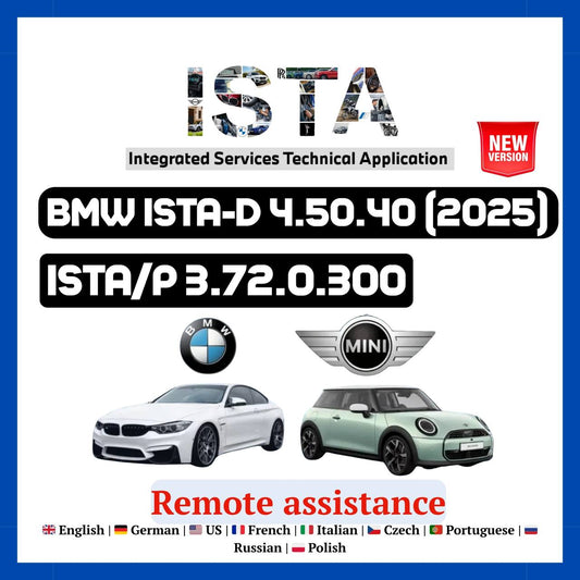 BMW diagnostic software download featuring ISTA-D 4.50.40 2025 version with BMW and Mini cars and remote assistance