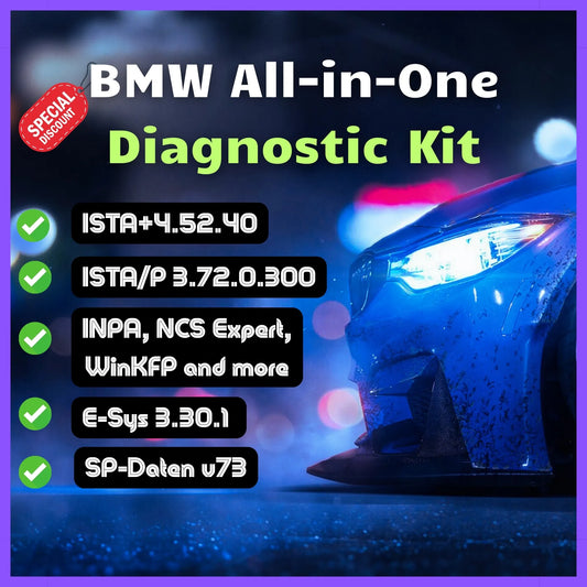 ProDiagTools BMW Full Software Pack promotional image showing blue BMW headlight and diagnostic software list