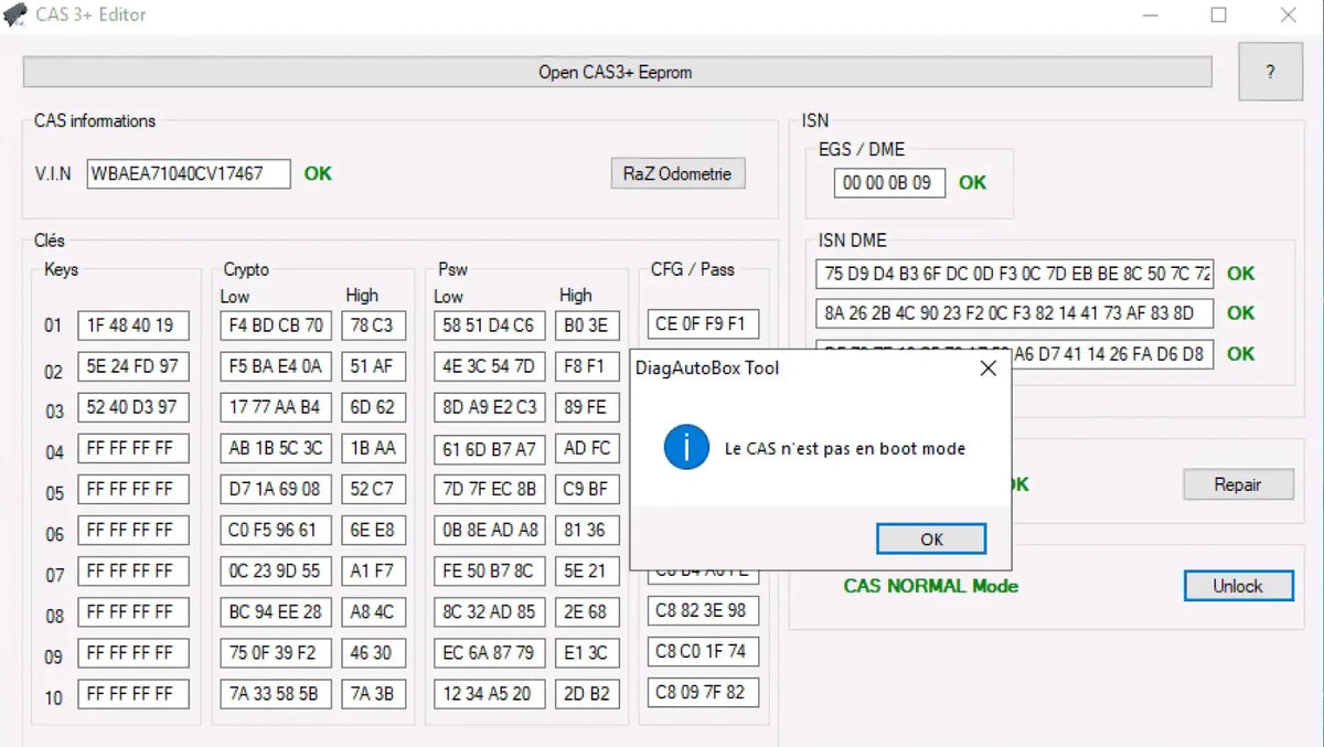 BMW CAS3+ Editor software interface showing CAS normal mode, boot mode check, EEPROM data, ISN information and key slot analysis