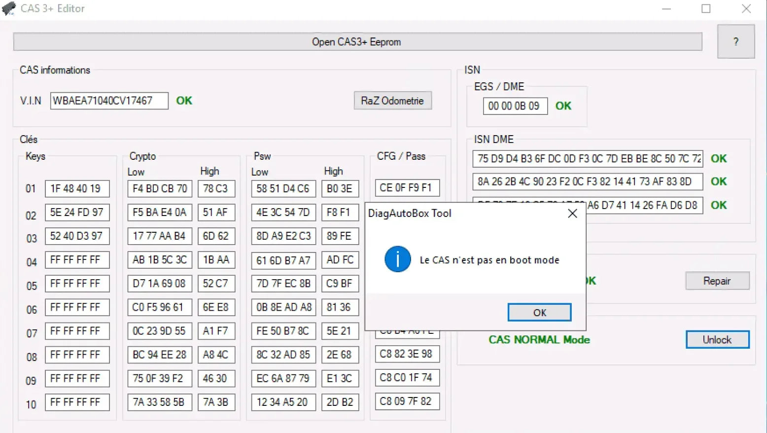 BMW CAS3+ Editor software interface showing CAS normal mode, boot mode check, EEPROM data, ISN information and key slot analysis