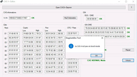 BMW CAS3+ Editor software interface showing CAS normal mode, boot mode check, EEPROM data, ISN information and key slot analysis