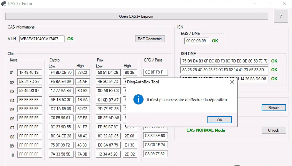 BMW CAS3+ Editor EEPROM repair software showing CAS3+ dump analysis, VIN data, key slots, ISN DME status and repair check result