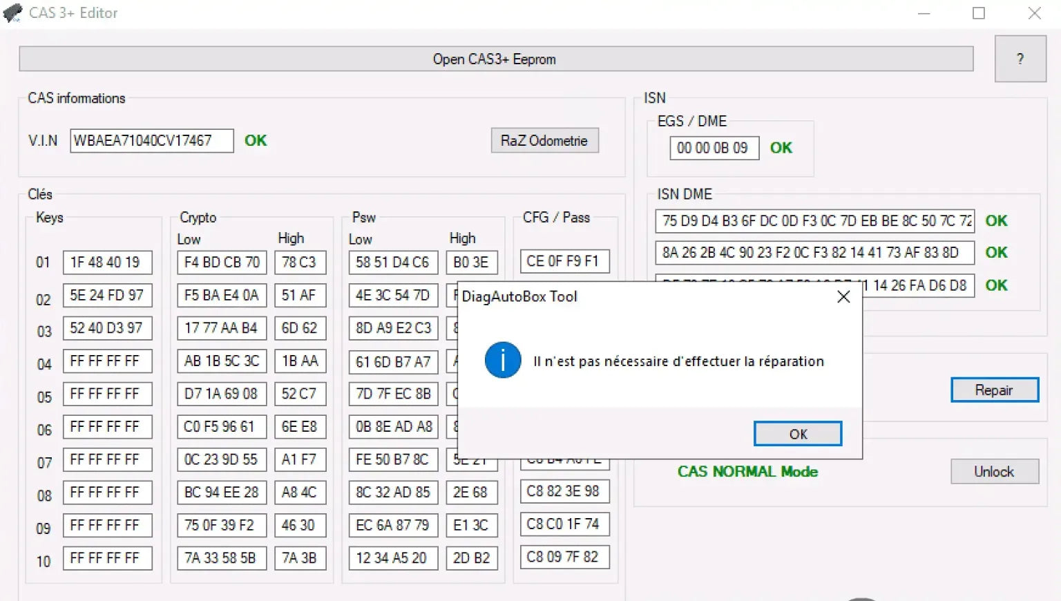 BMW CAS3+ Editor EEPROM repair software showing CAS3+ dump analysis, VIN data, key slots, ISN DME status and repair check result
