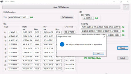 BMW CAS3+ Editor EEPROM repair software showing CAS3+ dump analysis, VIN data, key slots, ISN DME status and repair check result