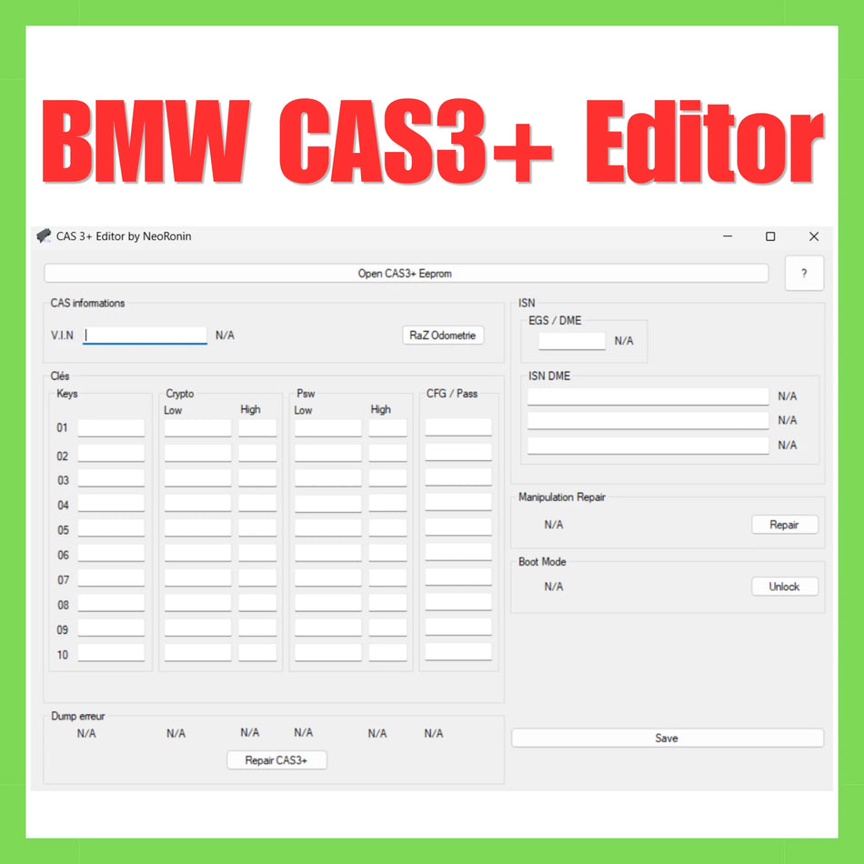 BMW CAS3+ Editor EEPROM software download for CAS3+ module repair, ISN data review, key slot analysis and professional BMW ECU service
