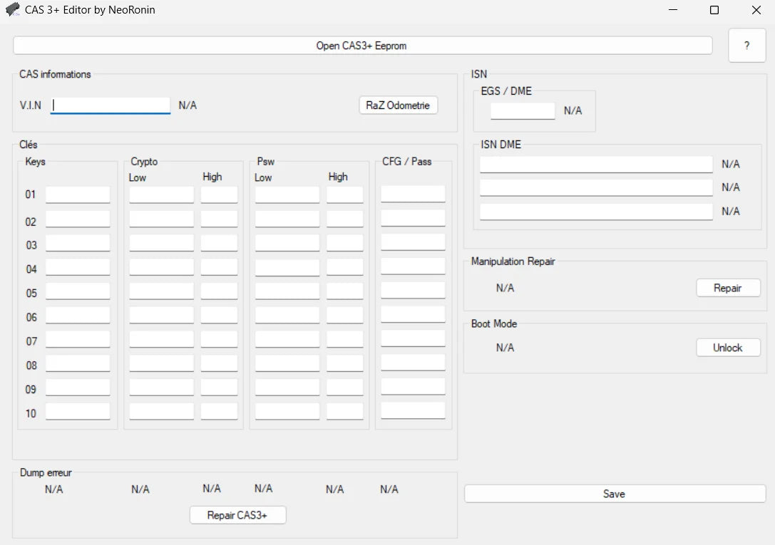 BMW CAS3+ Editor main software interface for opening CAS3+ EEPROM files, reviewing VIN data, ISN information and CAS module status