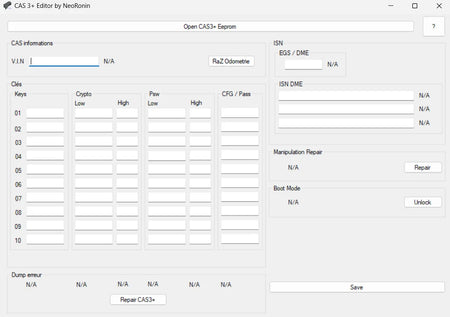 BMW CAS3+ Editor main software interface for opening CAS3+ EEPROM files, reviewing VIN data, ISN information and CAS module status