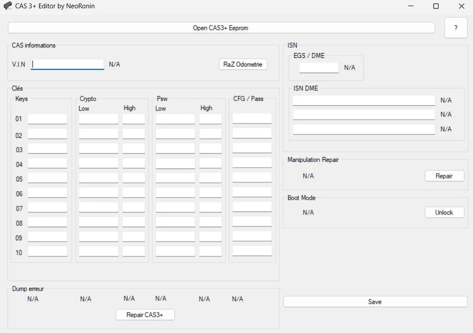 BMW CAS3+ Editor main software interface for opening CAS3+ EEPROM files, reviewing VIN data, ISN information and CAS module status