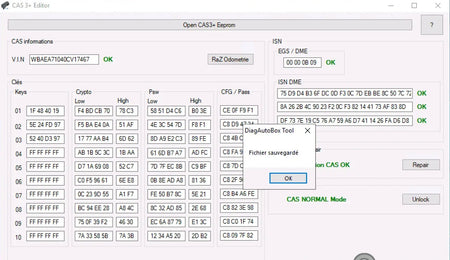 BMW CAS3+ Editor EEPROM tool showing saved CAS3+ file after VIN, ISN, key data and immobilizer module analysis