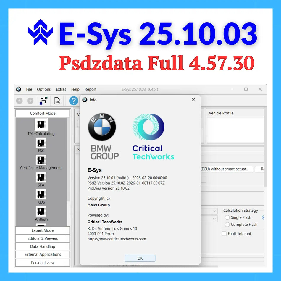 BMW E-Sys 25.10.03 coding and programming software with PSdZData Full 4.57.30 for ECU flashing and BMW F Series G Series vehicles