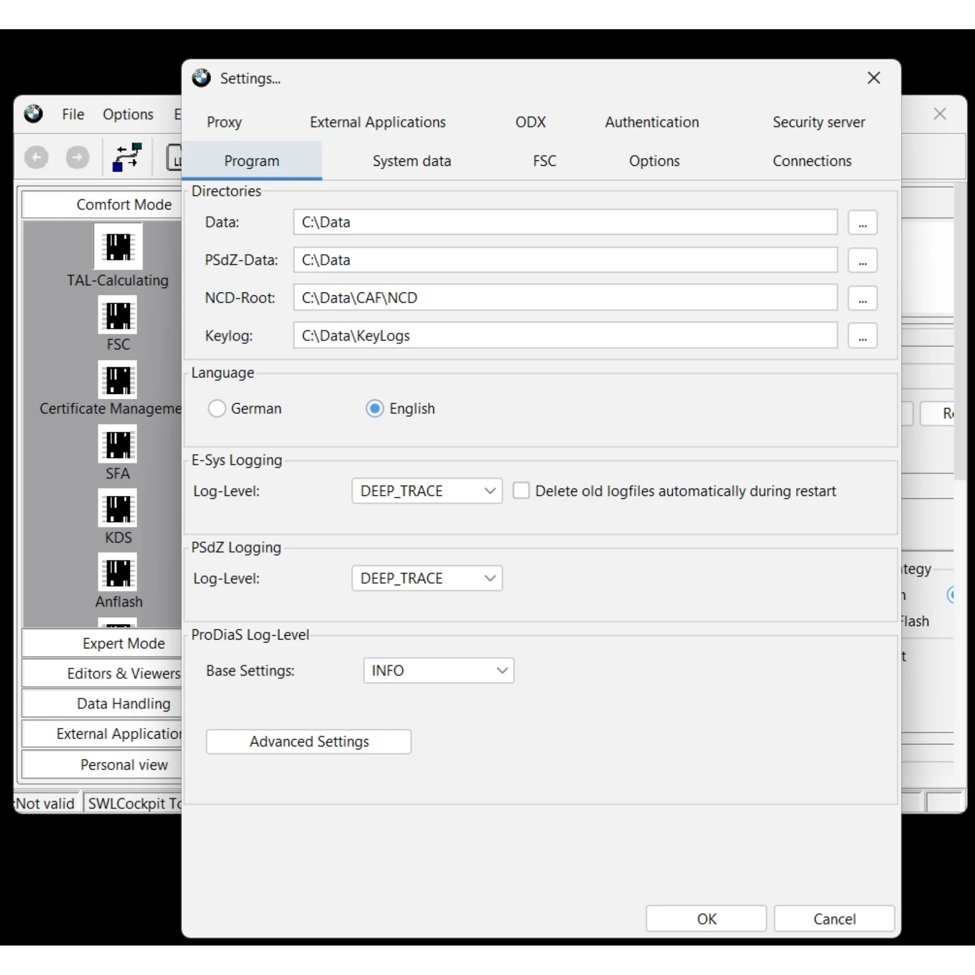 BMW E-Sys 25.10.03 settings configuration showing PSdZData directory setup for BMW coding and ECU programming software