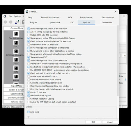 BMW E-Sys 25.10.03 options settings interface for BMW coding and ECU programming software with TAL configuration options