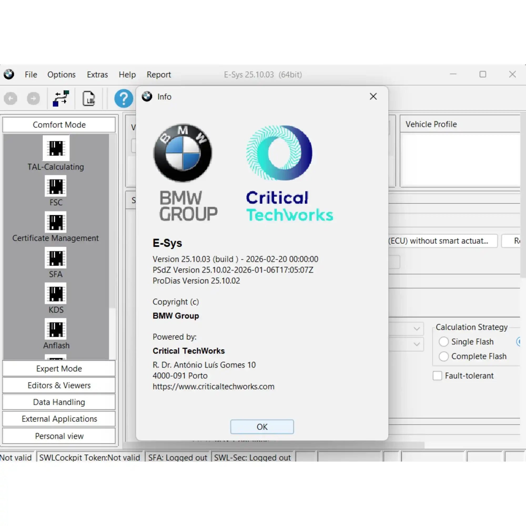 BMW E-Sys 25.10.03 software version information window with PSdZData support for BMW coding and ECU programming