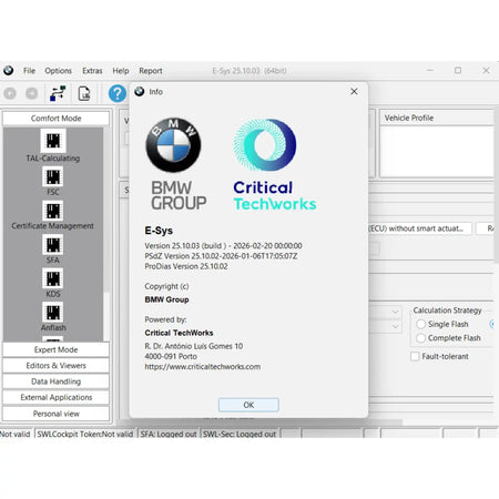 BMW E-Sys 25.10.03 software version information window with PSdZData support for BMW coding and ECU programming