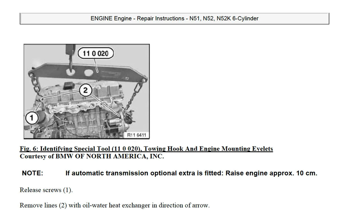 BMW F10 engine repair instructions page for N51 N52 and N52K 6-cylinder engines with special tool illustration