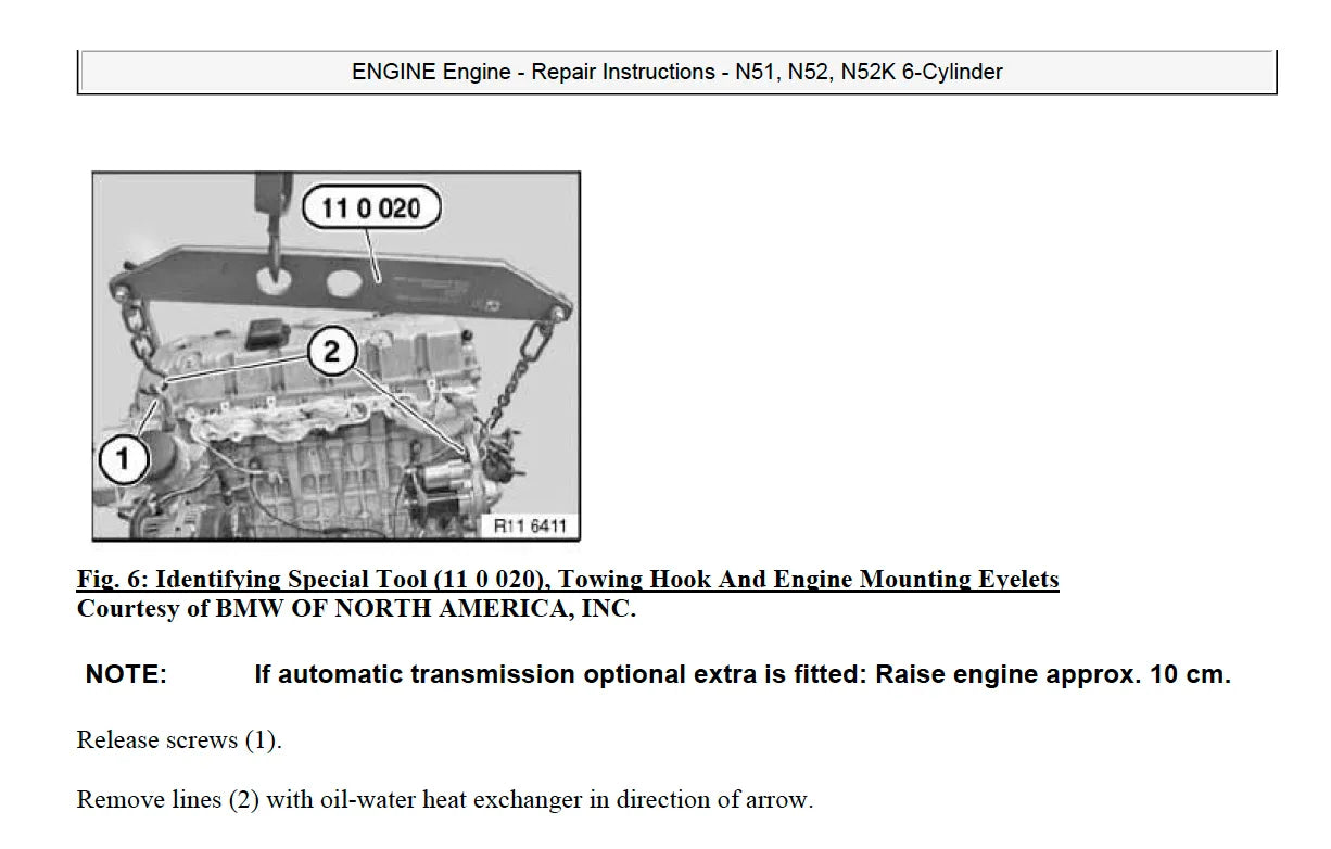 BMW F10 engine repair instructions page for N51 N52 and N52K 6-cylinder engines with special tool illustration