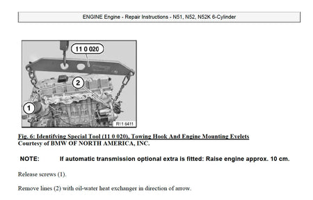 BMW F10 engine repair instructions page for N51 N52 and N52K 6-cylinder engines with special tool illustration