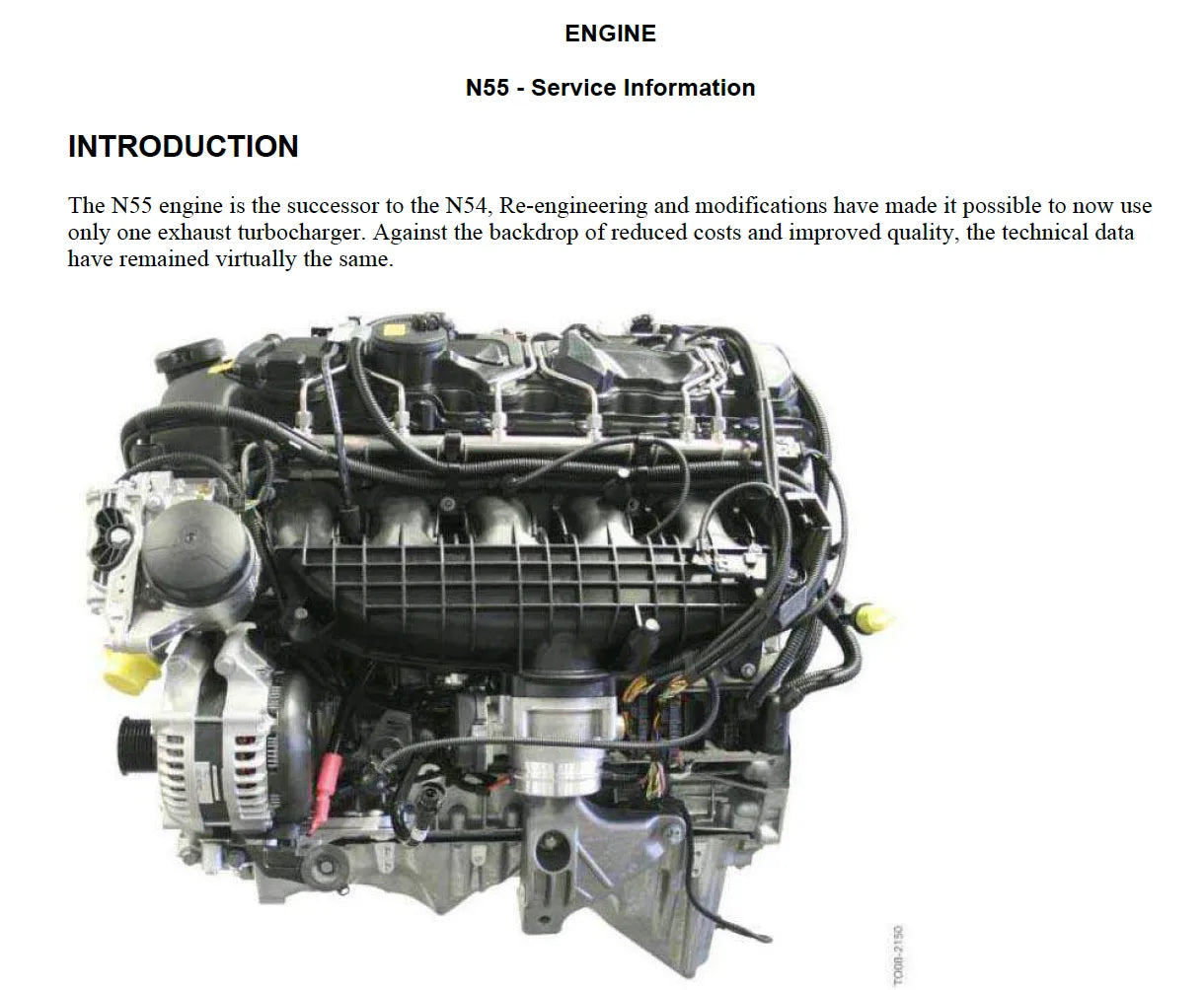 BMW F10 N55 engine service information introduction page with N55 engine image from workshop manual