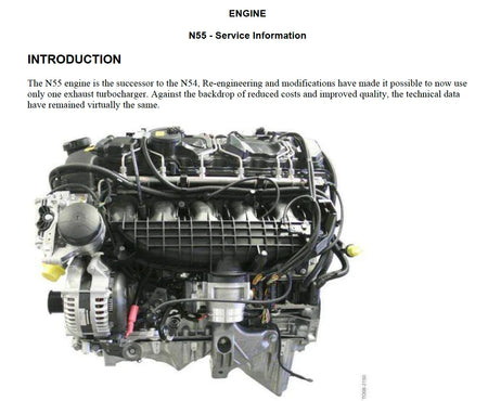 BMW F10 N55 engine service information introduction page with N55 engine image from workshop manual