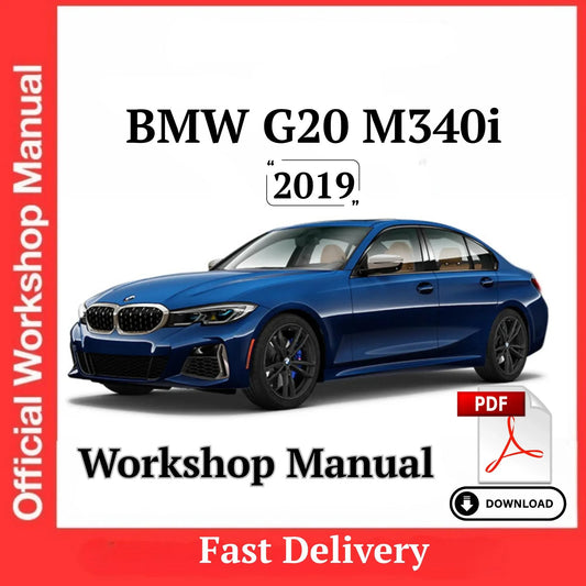 BMW G20 M340i workshop manual PDF cover showing a blue 2019 BMW sedan by ProDiagTools