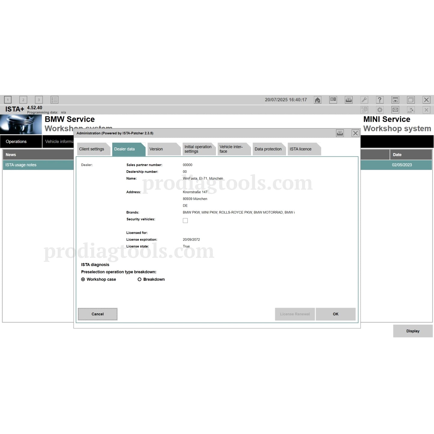BMW ISTA+ 4.52.40 software download screen showing automotive diagnostic interface by ProDiagTools
