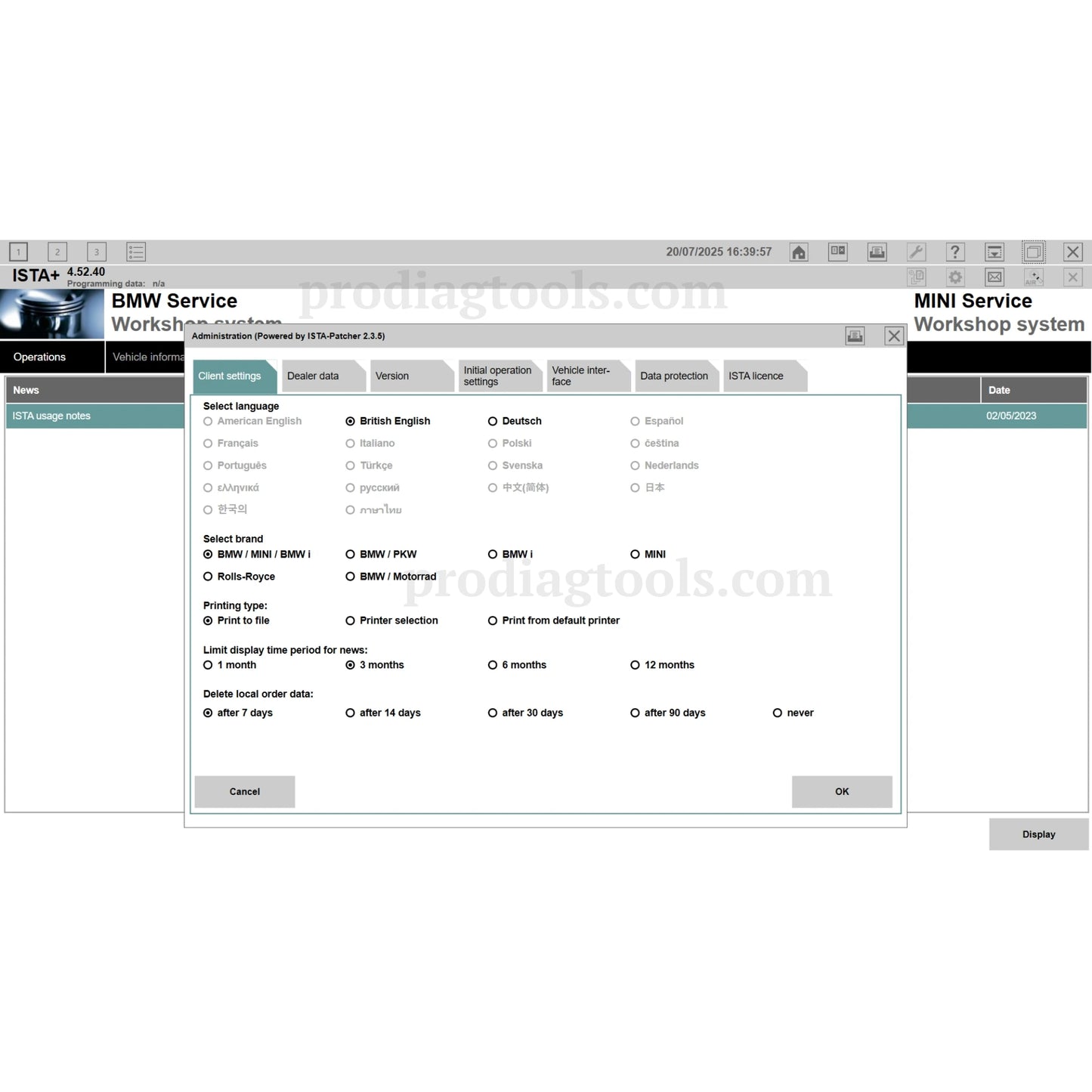 BMW ISTA 4.52.40 software download interface showing vehicle selection and print options by ProDiagTools