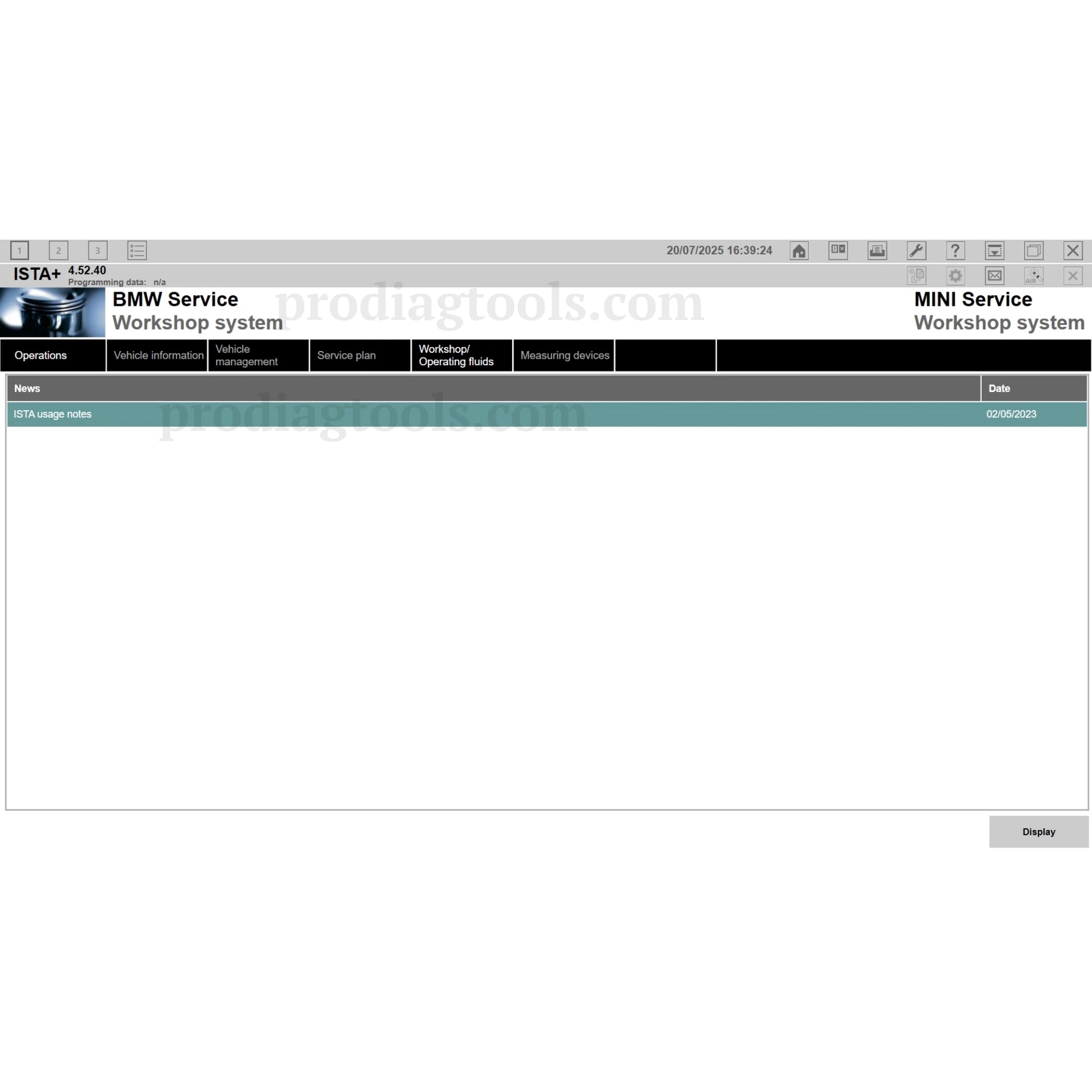BMW ISTA+ 4.52.40 software download interface by ProDiagTools showing workshop system options for BMW and MINI services