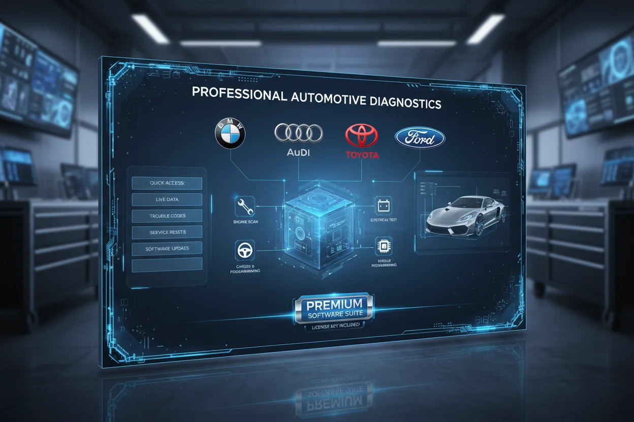 Automotive diagnostics software interface with car brand logos on a screen in a garage setting.