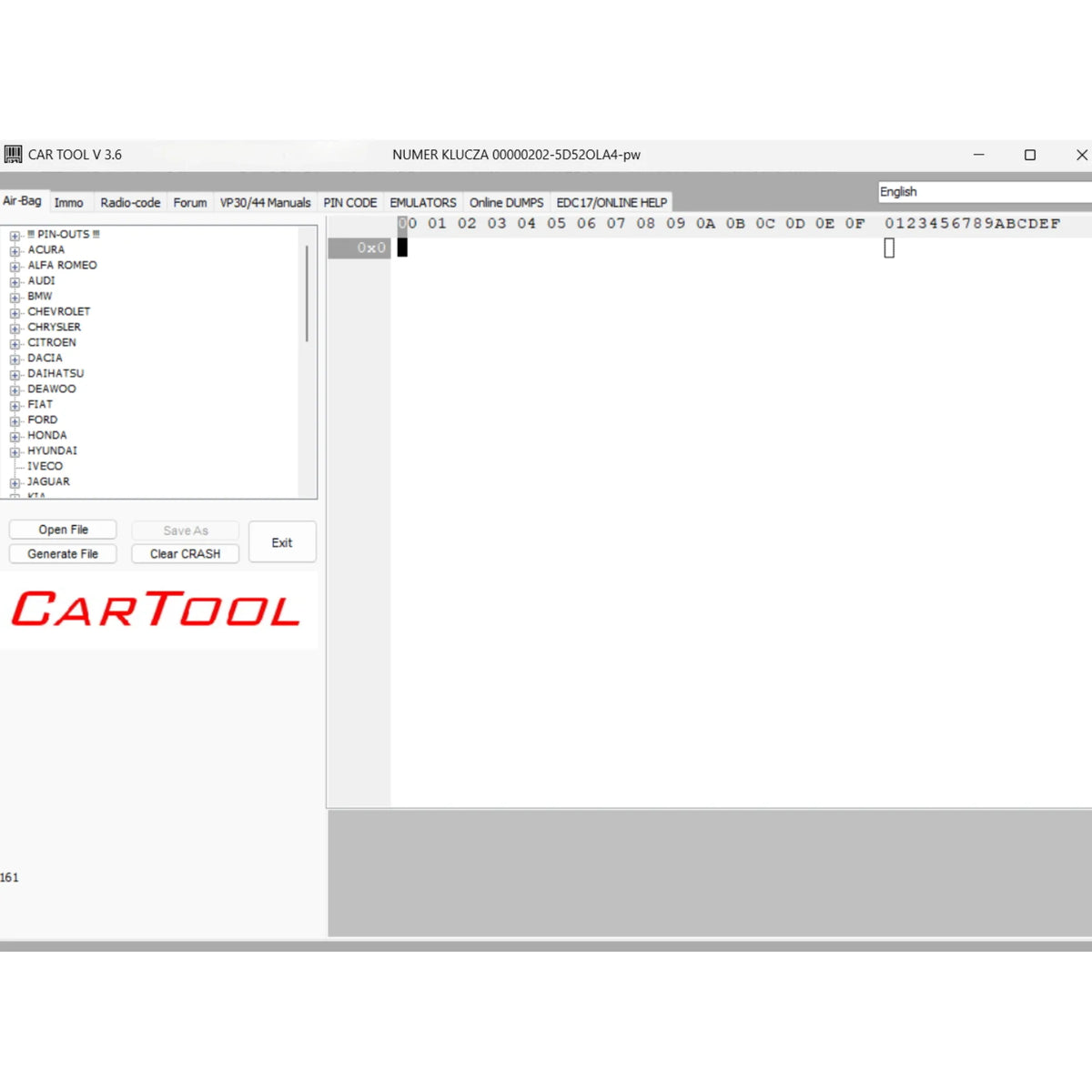 Cartool 3.6 airbag crash data reset software interface with ECU dump editing and BIN file processing for automotive airbag module repair