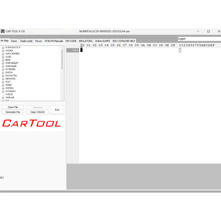 Cartool 3.6 airbag crash data reset software interface with ECU dump editing and BIN file processing for automotive airbag module repair
