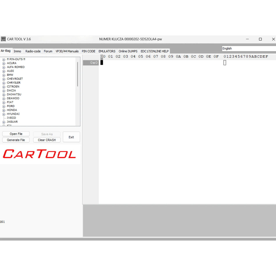 Cartool 3.6 airbag crash data reset software interface with ECU dump editing and BIN file processing for automotive airbag module repair
