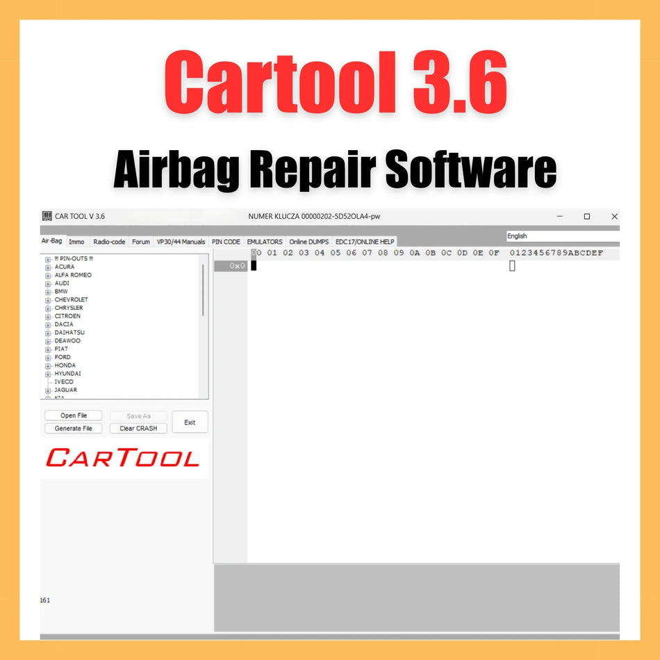 Cartool 3.6 airbag repair software for crash data reset, ECU dump repair and immobilizer removal tool for automotive electronics technicians