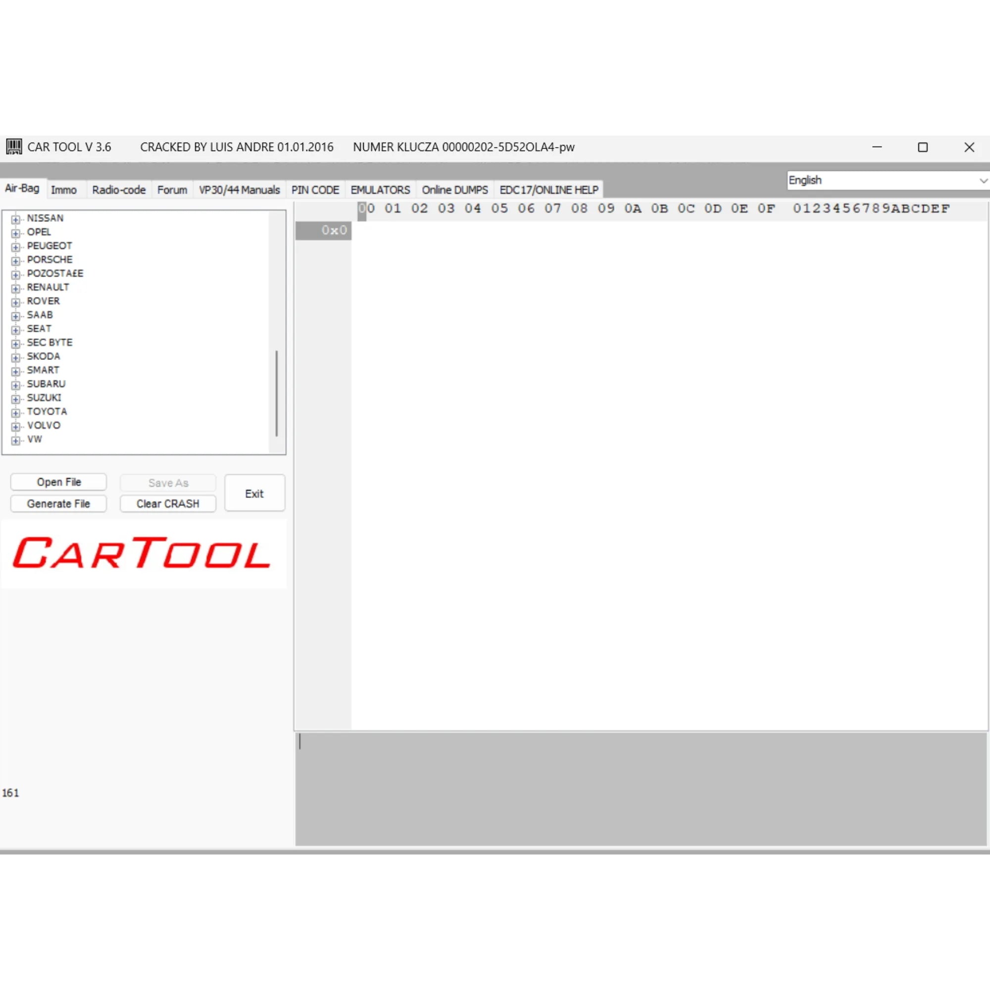 Cartool 3.6 ECU dump processing software showing vehicle database and airbag crash data removal functions