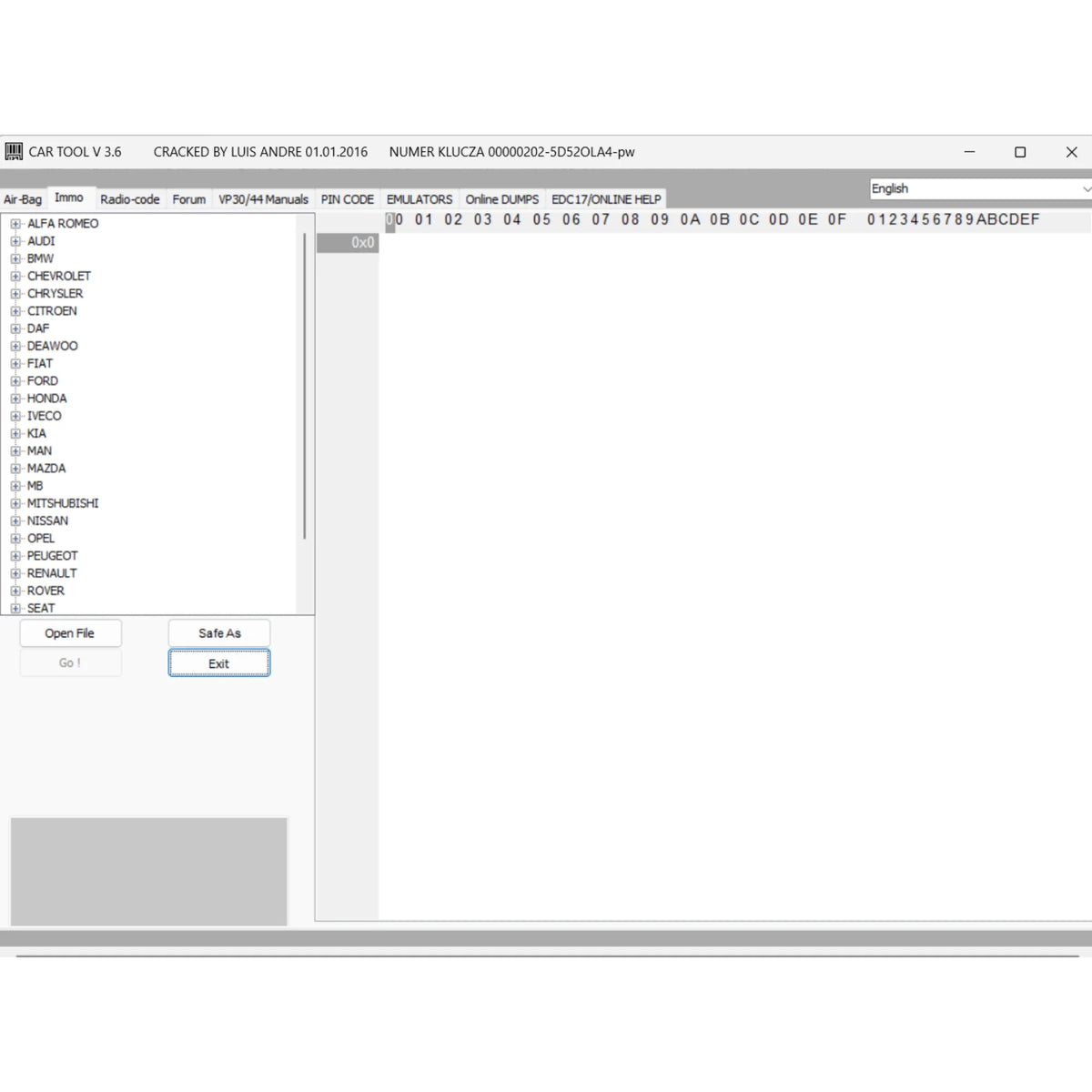 Cartool 3.6 immobilizer off and ECU repair tool interface for processing BIN files and repairing vehicle control modules