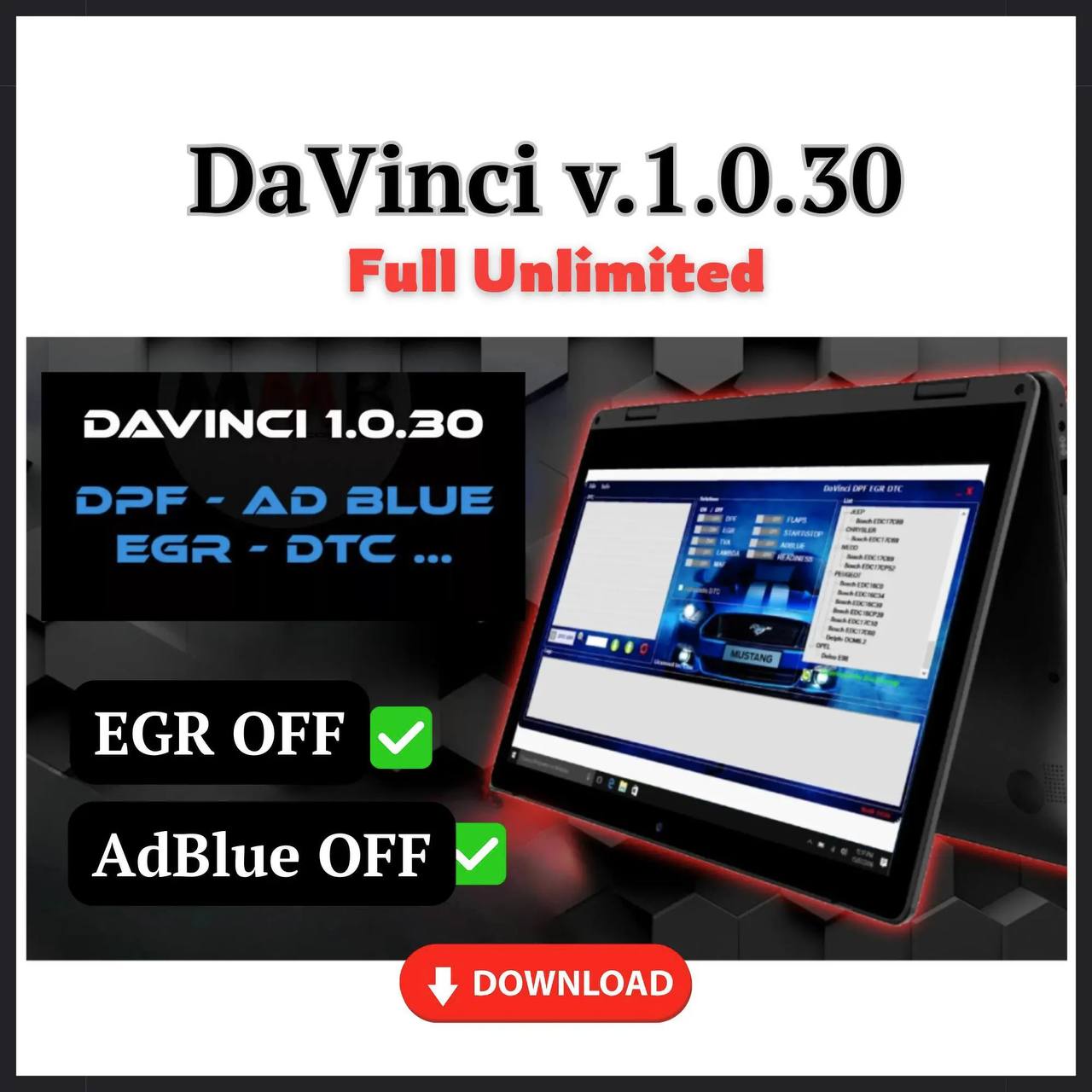 DaVinci 1.0.30 full version software by ProDiagTools showing EGR and AdBlue off features with download option