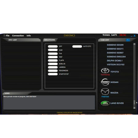 ProDiagTools DaVinci ECU Tuning Tool automotive diagnostic software interface displaying vehicle and fault code options