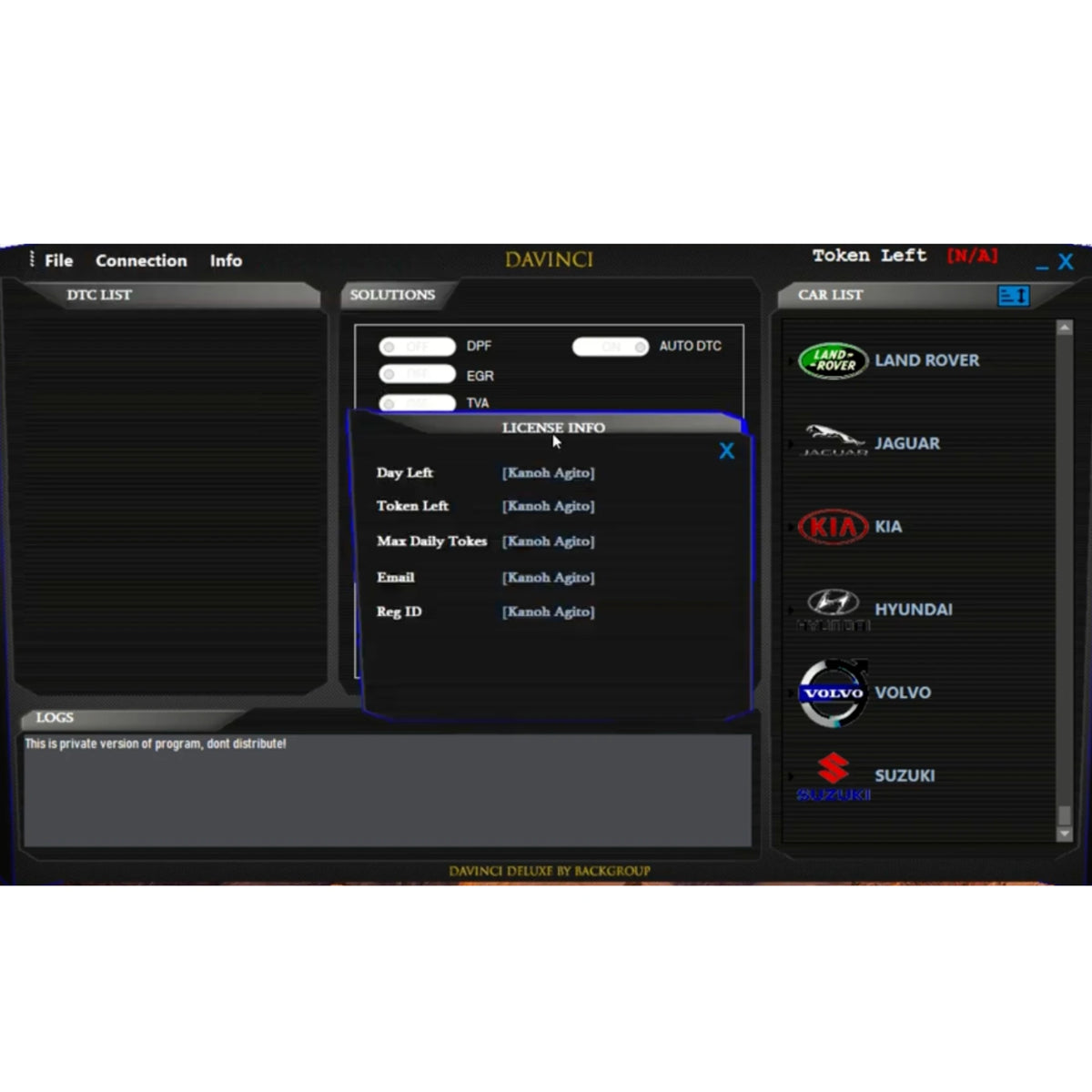 ProDiagTools DaVinci ECU Tuning Tool software interface displaying car brand list and diagnostics options