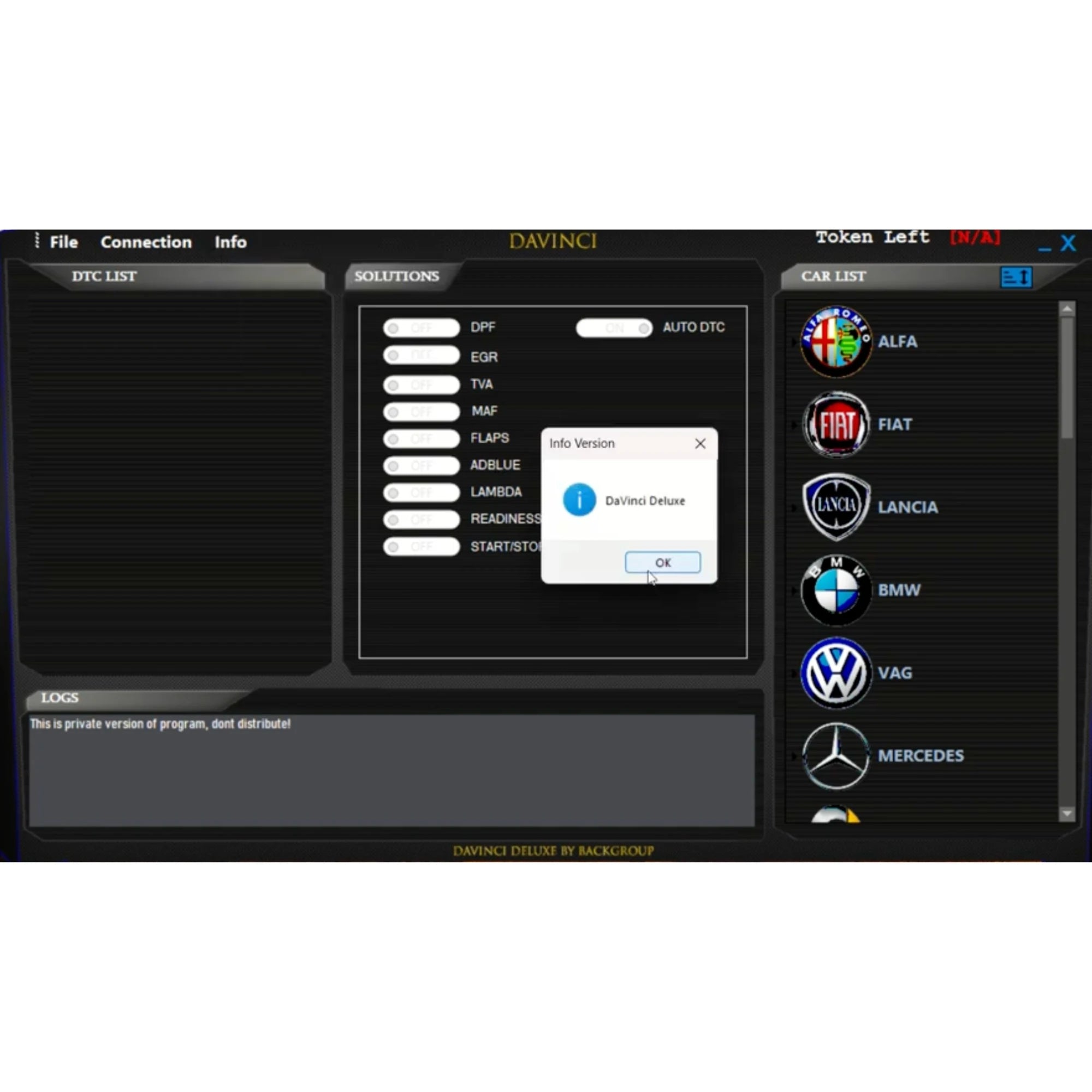 ProDiagTools DaVinci ECU Tuning Tool automotive diagnostic software interface showing car brands and tuning options