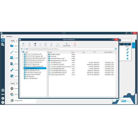 Mercedes diagnostic software interface showing DTS Monaco 9.02 download workspace by ProDiagTools