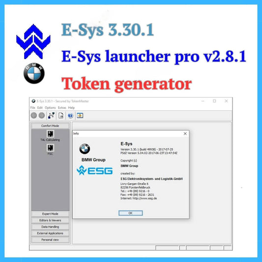 E-Sys Launcher PRO software interface showcasing version details and token generator for automotive diagnostics