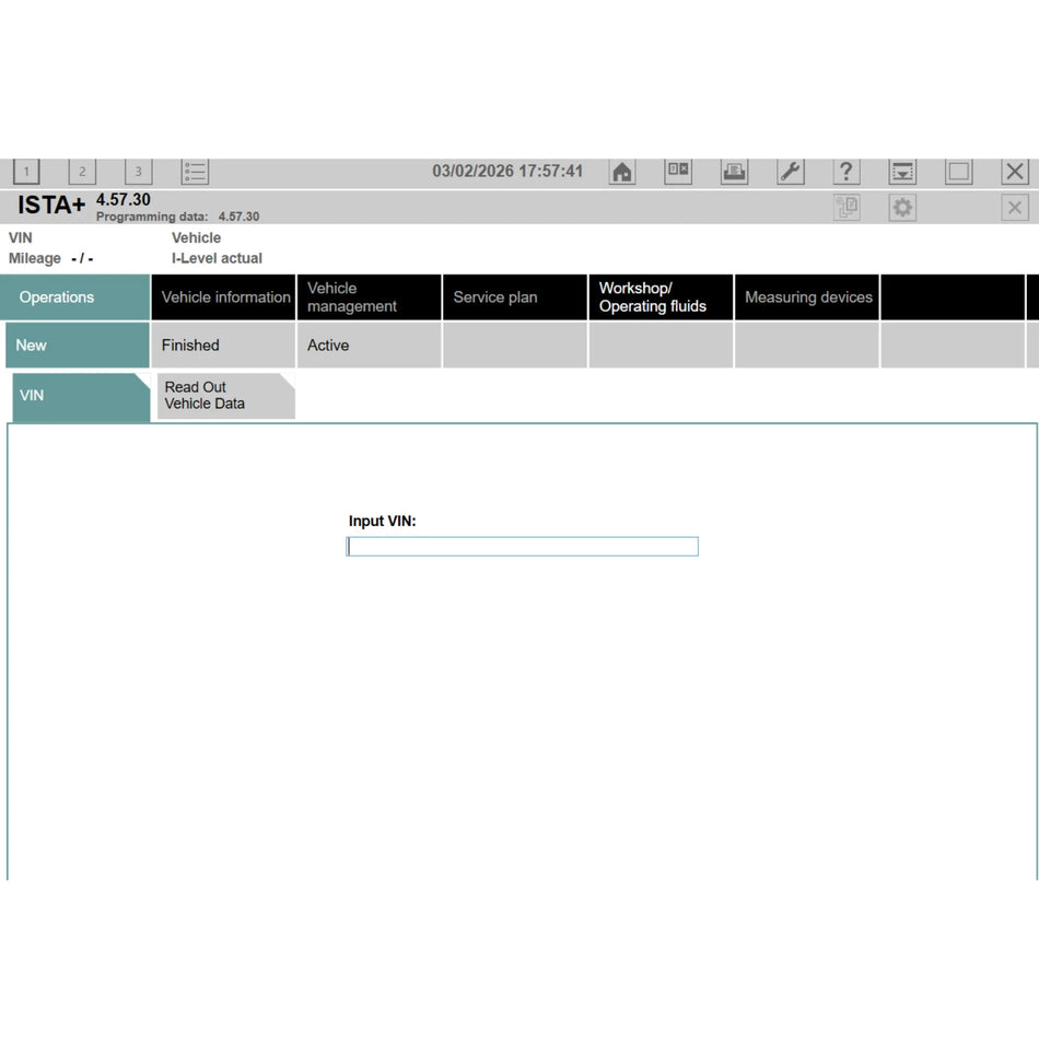 ISTA+ 4.57.30 screenshot showing VIN input screen for BMW diagnostic software with Operations menu and “Read Out Vehicle Data” option on Windows interface
