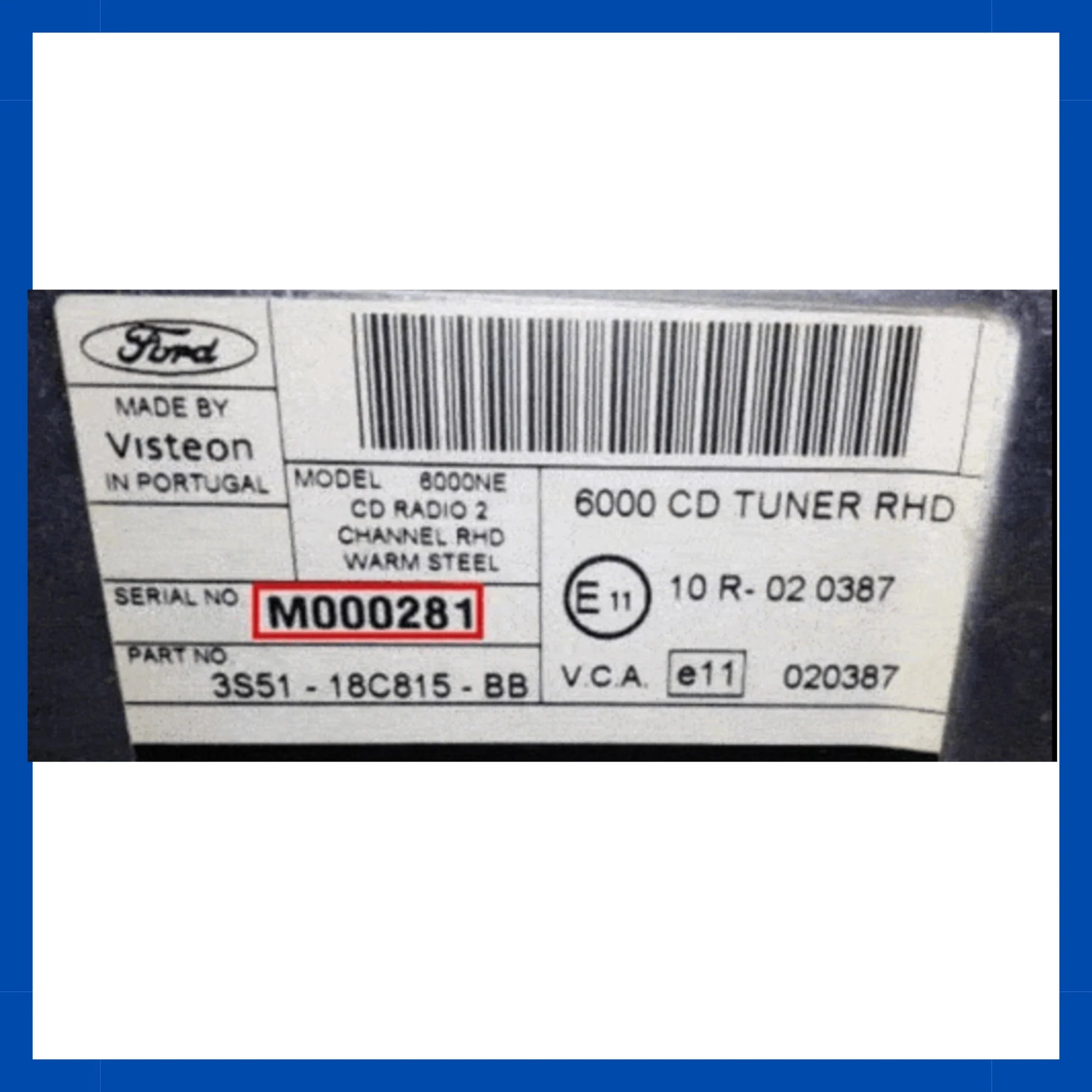 ProDiagTools Ford radio code unlock showing Ford 6000 CD tuner label with serial M000281 and part number 3S51 18C815 BB