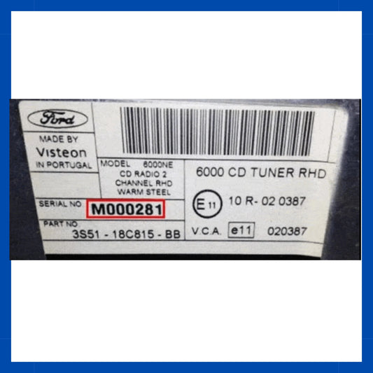 ProDiagTools Ford radio code unlock showing Ford 6000 CD tuner label with serial M000281 and part number 3S51 18C815 BB
